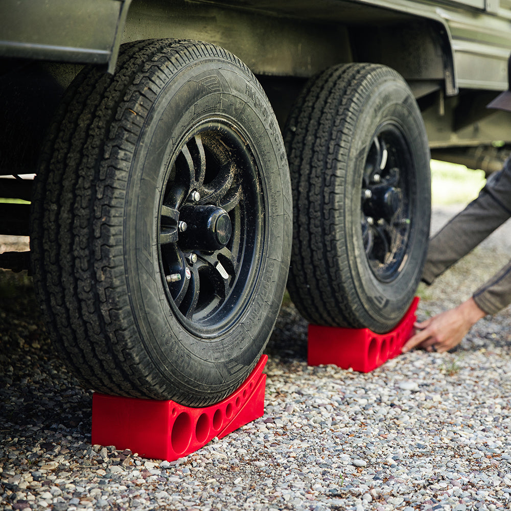 andersen camper leveler under trailer with chock